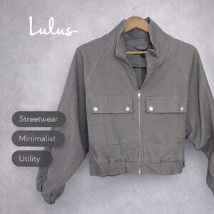 Lulus Cropped Utility Bomber Jacket Grey Cotton Twill | Size M Mint Condition
